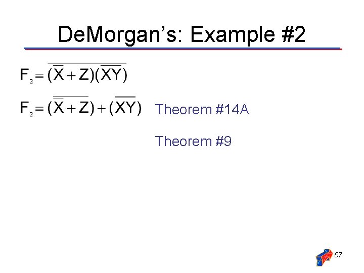 De. Morgan’s: Example #2 Theorem #14 A Theorem #9 Theorem #14 B Theorem #9