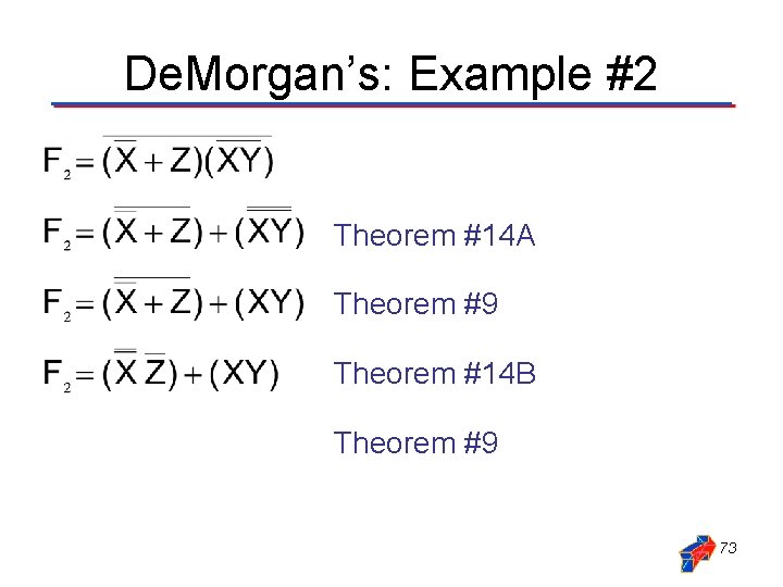 De. Morgan’s: Example #2 Theorem #14 A Theorem #9 Theorem #14 B Theorem #9