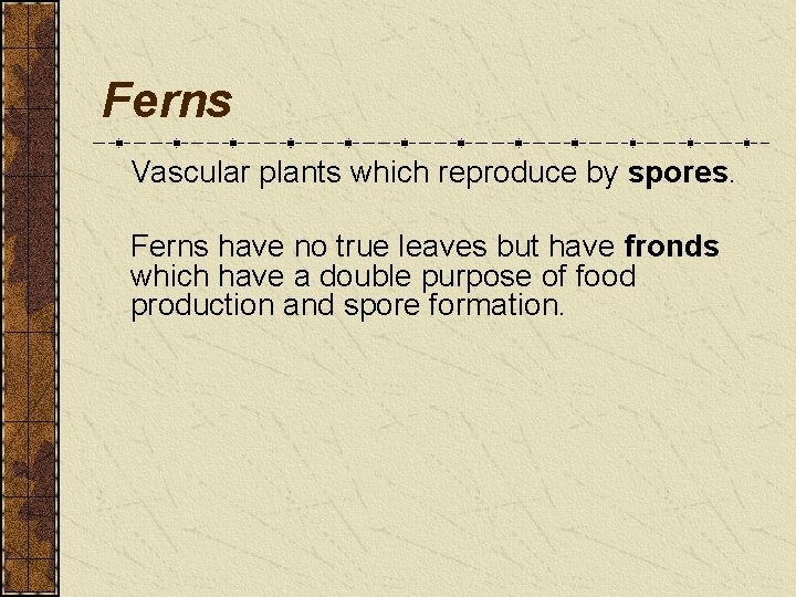 Ferns Vascular plants which reproduce by spores. Ferns have no true leaves but have Ferns Vascular plants which reproduce by spores. Ferns have no true leaves but have
