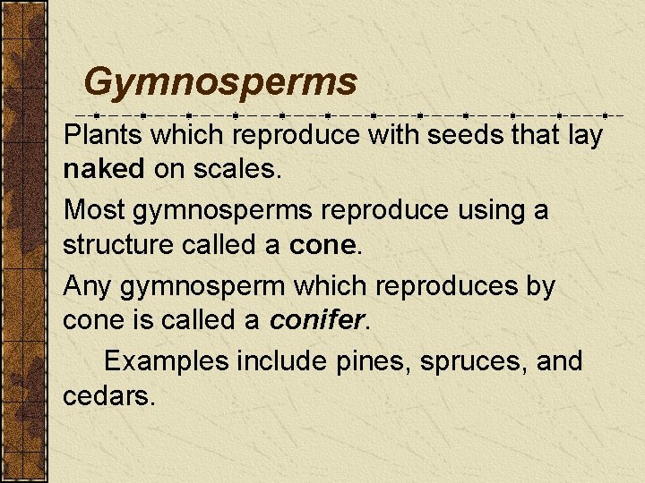 Gymnosperms Plants which reproduce with seeds that lay naked on scales. Most gymnosperms reproduce Gymnosperms Plants which reproduce with seeds that lay naked on scales. Most gymnosperms reproduce
