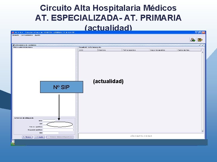 Circuito Alta Hospitalaria Médicos AT. ESPECIALIZADA- AT. PRIMARIA (actualidad) Nº SIP (actualidad) Circuito Alta Hospitalaria Médicos AT. ESPECIALIZADA- AT. PRIMARIA (actualidad) Nº SIP (actualidad)