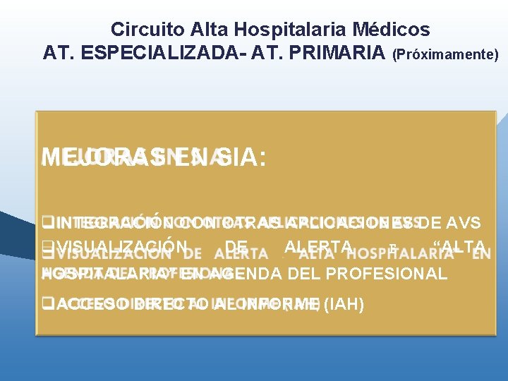 Circuito Alta Hospitalaria Médicos AT. ESPECIALIZADA- AT. PRIMARIA (Próximamente) MEJORAS EN SIA: q. INTEGRACIÓN Circuito Alta Hospitalaria Médicos AT. ESPECIALIZADA- AT. PRIMARIA (Próximamente) MEJORAS EN SIA: q. INTEGRACIÓN
