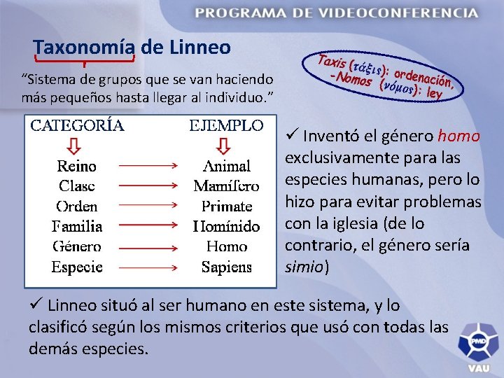 Taxonomía de Linneo “Sistema de grupos que se van haciendo más pequeños hasta llegar