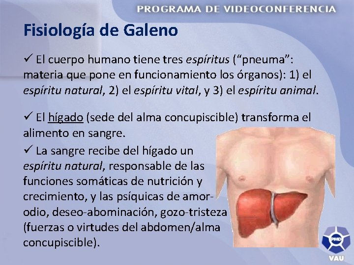 Fisiología de Galeno ü El cuerpo humano tiene tres espíritus (“pneuma”: materia que pone