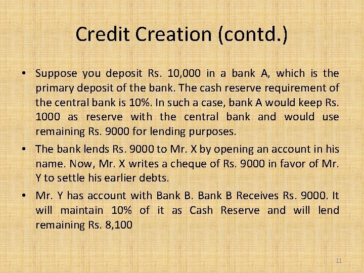 Credit Creation (contd. ) • Suppose you deposit Rs. 10, 000 in a bank