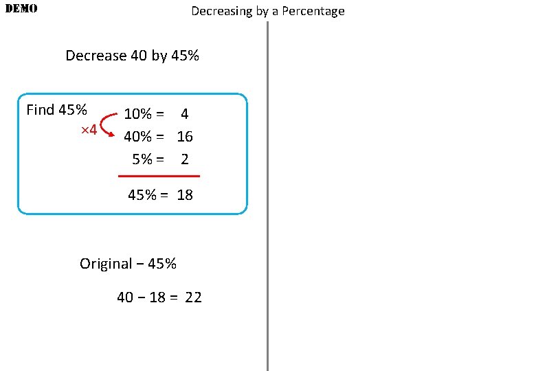 DEMO Decreasing by a Percentage Decrease 40 by 45% Find 45% × 4 10%