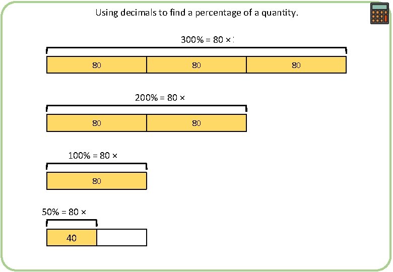 Using decimals to find a percentage of a quantity. 300% = 80 × 3