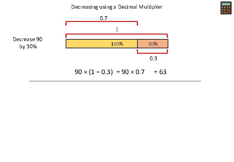 Decreasing using a Decimal Multiplier 0. 7 1 Decrease 90 by 30% 100% 30%