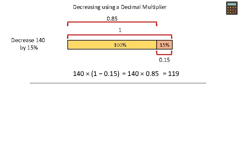 Decreasing using a Decimal Multiplier 0. 85 1 Decrease 140 by 15% 100% 15%