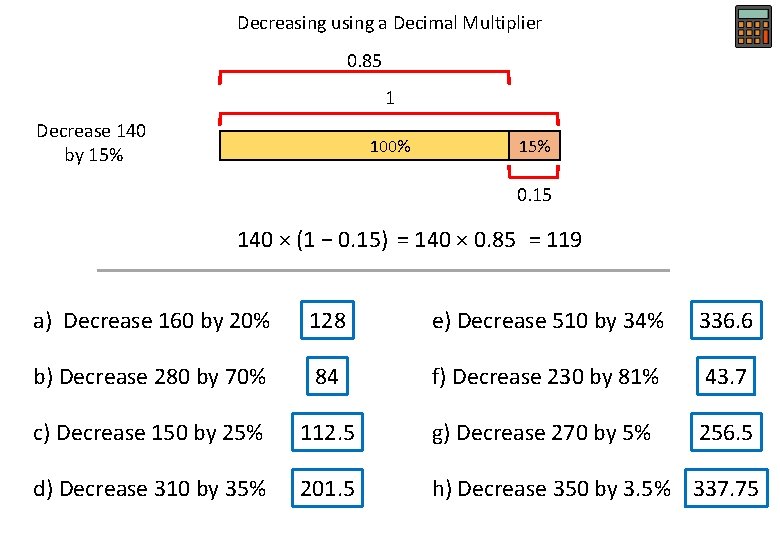 Decreasing using a Decimal Multiplier 0. 85 1 Decrease 140 by 15% 100% 15%
