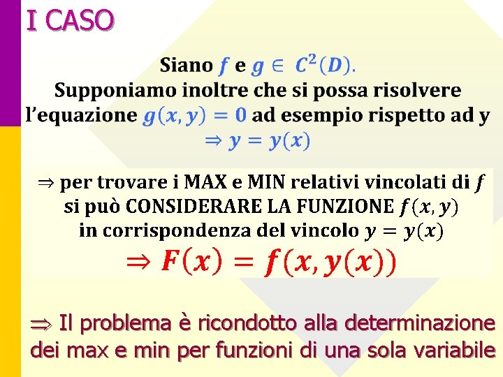 I CASO Il problema è ricondotto alla determinazione dei max e min per funzioni