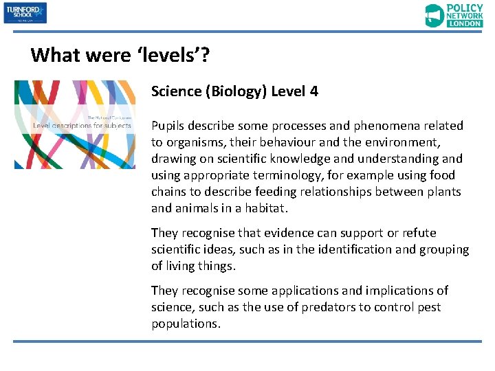 What were ‘levels’? Science (Biology) Level 4 Pupils describe some processes and phenomena related