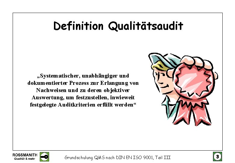 Definition Qualitätsaudit „Systematischer, unabhängiger und dokumentierter Prozess zur Erlangung von Nachweisen und zu deren