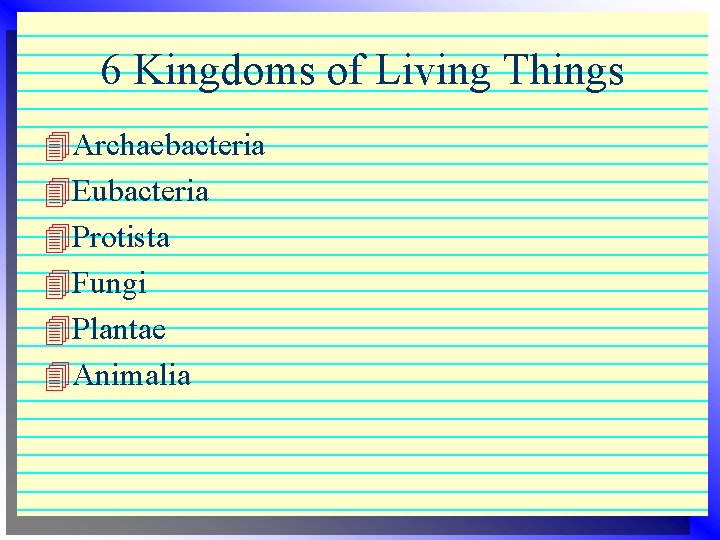 6 Kingdoms of Living Things 4 Archaebacteria 4 Eubacteria 4 Protista 4 Fungi 4 6 Kingdoms of Living Things 4 Archaebacteria 4 Eubacteria 4 Protista 4 Fungi 4