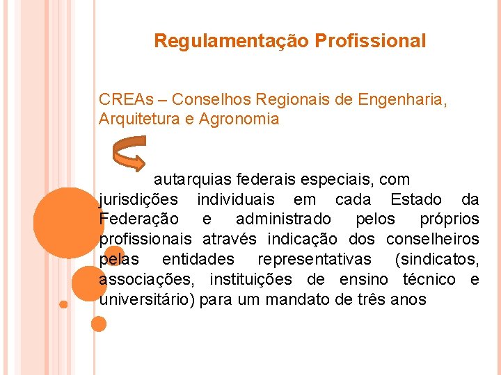 Regulamentação Profissional CREAs – Conselhos Regionais de Engenharia, Arquitetura e Agronomia autarquias federais especiais,