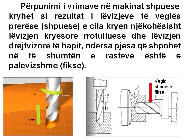 Përpunimi i vrimave në makinat shpuese kryhet si rezultat i lëvizjeve të veglës prerëse