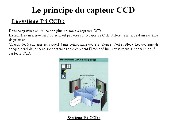 Le principe du capteur CCD Le système Tri-CCD : Dans ce système on utilise