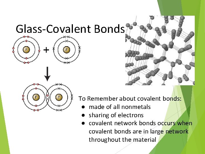 Glass-Covalent Bonds To Remember about covalent bonds: ● made of all nonmetals ● sharing