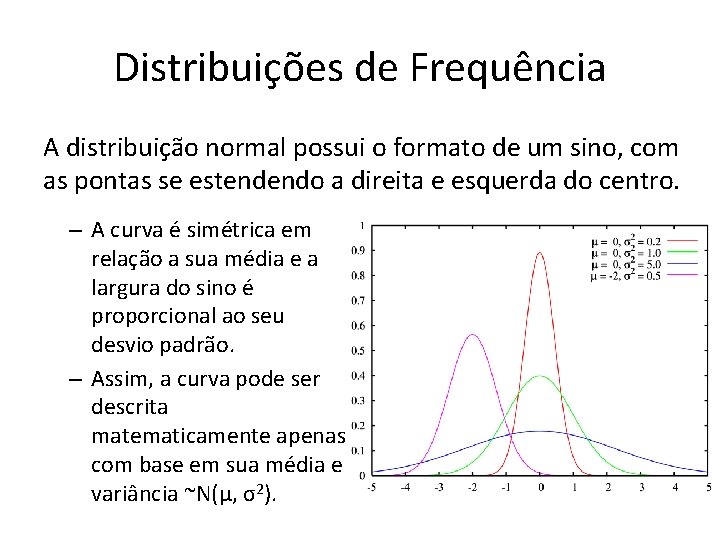 Distribuições de Frequência A distribuição normal possui o formato de um sino, com as