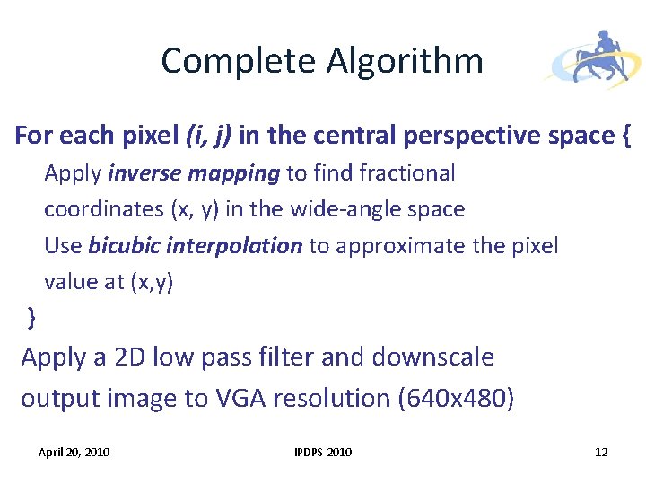 Complete Algorithm For each pixel (i, j) in the central perspective space { Apply Complete Algorithm For each pixel (i, j) in the central perspective space { Apply
