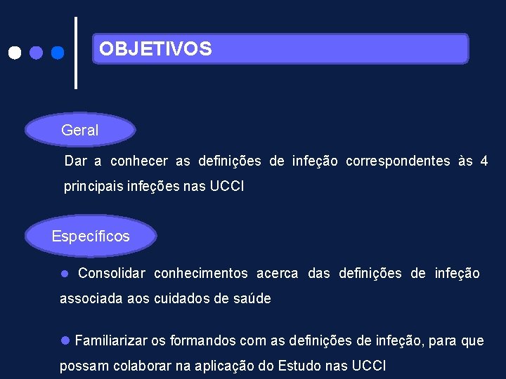 OBJETIVOS Geral Dar a conhecer as definições de infeção correspondentes às 4 principais infeções