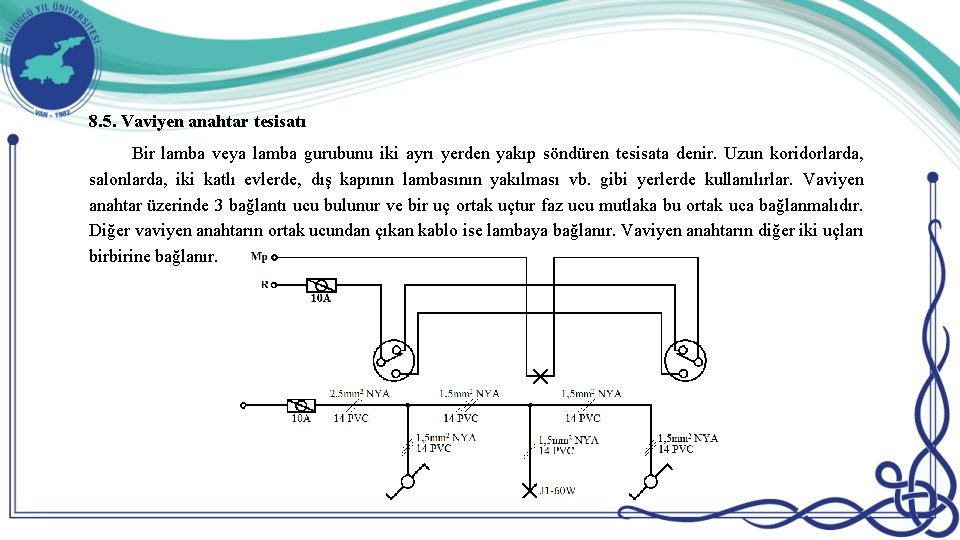 8. 5. Vaviyen anahtar tesisatı Bir lamba veya lamba gurubunu iki ayrı yerden yakıp 8. 5. Vaviyen anahtar tesisatı Bir lamba veya lamba gurubunu iki ayrı yerden yakıp