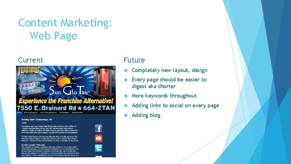 Content Marketing: Web Page Current Future Completely new layout, design Every page should be