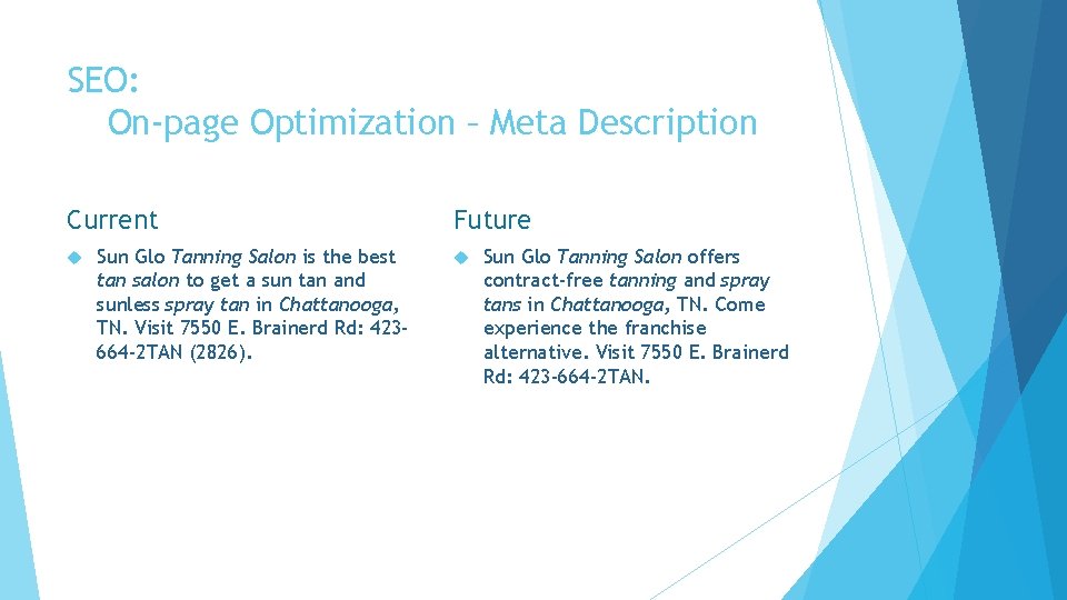 SEO: On-page Optimization – Meta Description Current Sun Glo Tanning Salon is the best