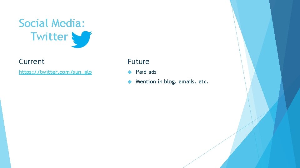 Social Media: Twitter Current Future https: //twitter. com/sun_glo Paid ads Mention in blog, emails,