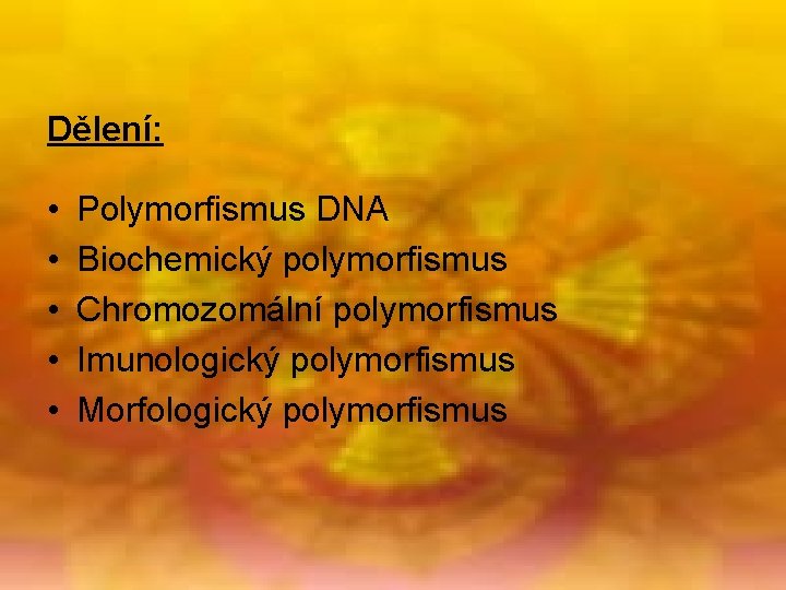 Dělení: • • • Polymorfismus DNA Biochemický polymorfismus Chromozomální polymorfismus Imunologický polymorfismus Morfologický polymorfismus