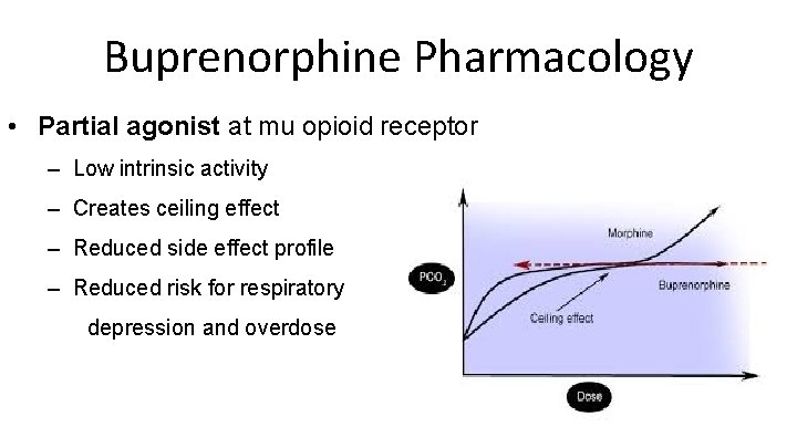Buprenorphine Pharmacology • Partial agonist at mu opioid receptor – Low intrinsic activity –