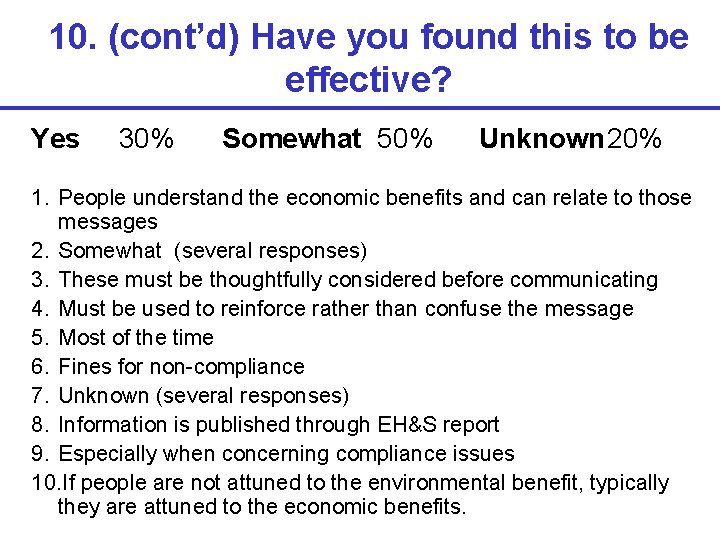 10. (cont’d) Have you found this to be effective? Yes 30% Somewhat 50% Unknown