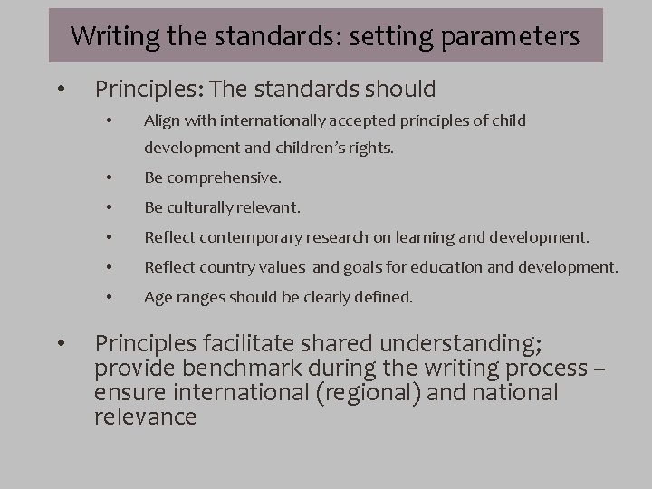 Writing the standards: setting parameters • Principles: The standards should • Align with internationally