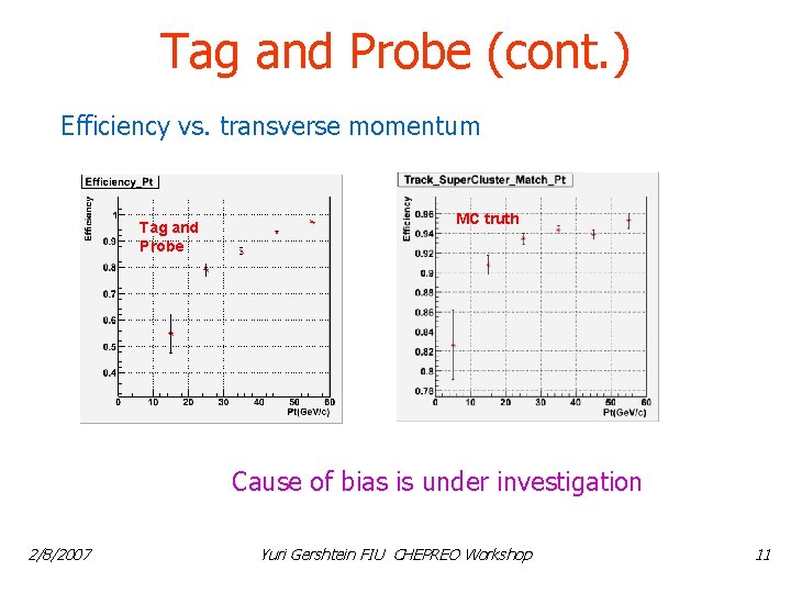 Tag and Probe (cont. ) Efficiency vs. transverse momentum Tag and Probe MC truth