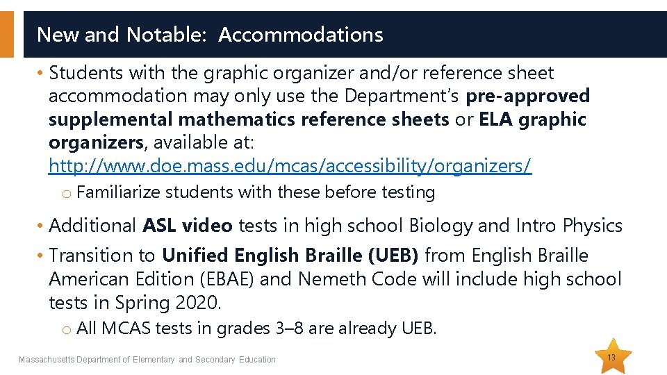 New and Notable: Accommodations • Students with the graphic organizer and/or reference sheet accommodation