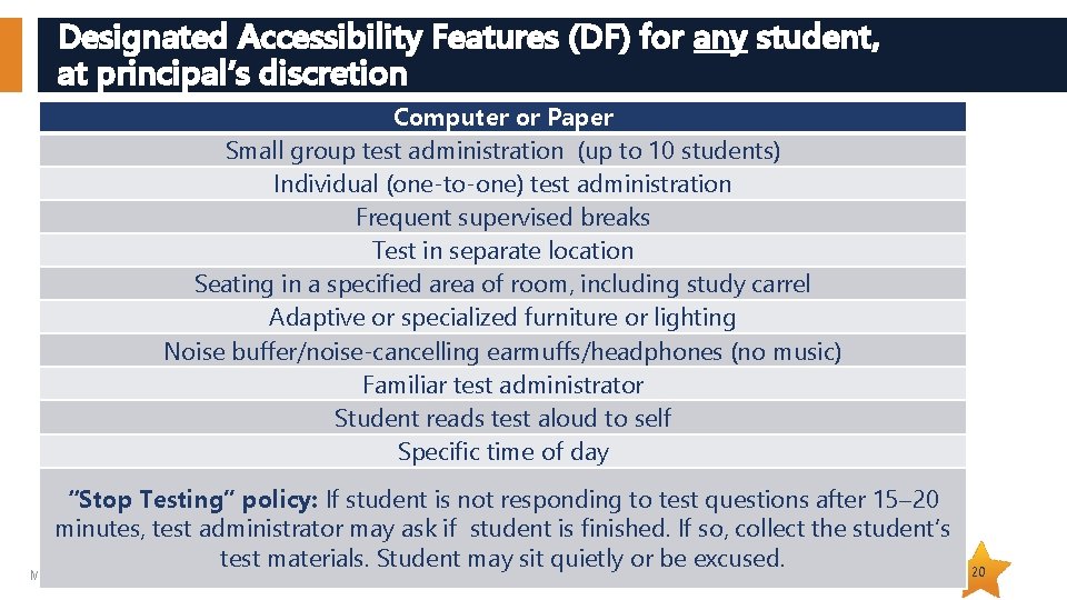 Designated Accessibility Features (DF) for any student, at principal’s discretion Computer or Paper Small