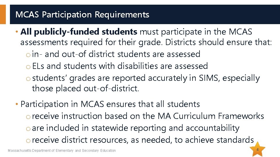 MCAS Participation Requirements • All publicly-funded students must participate in the MCAS assessments required