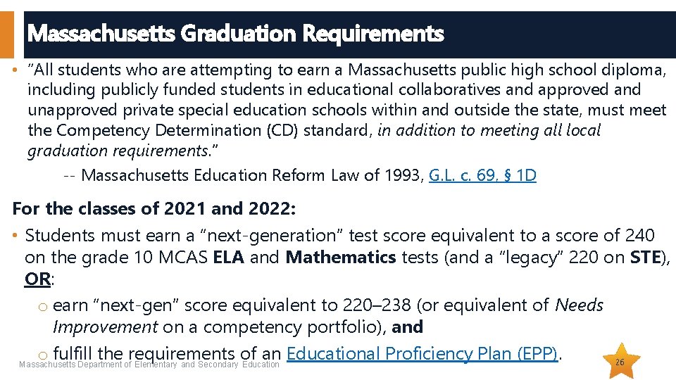 Massachusetts Graduation Requirements • “All students who are attempting to earn a Massachusetts public
