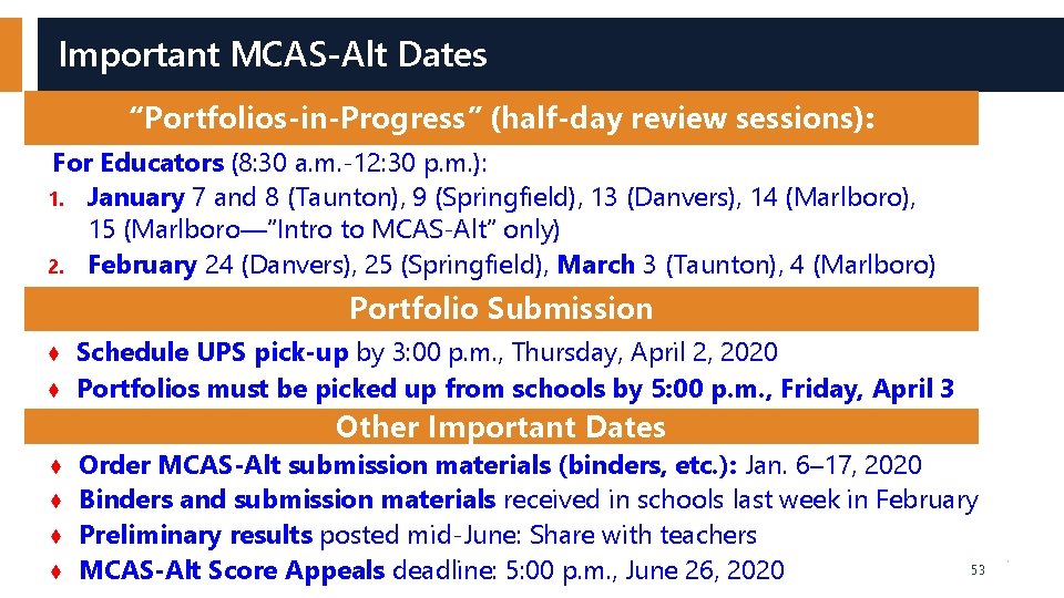 Important MCAS-Alt Dates “Portfolios-in-Progress” (half-day review sessions): For Educators (8: 30 a. m. -12: