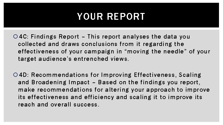 YOUR REPORT 4 C: Findings Report – This report analyses the data you collected