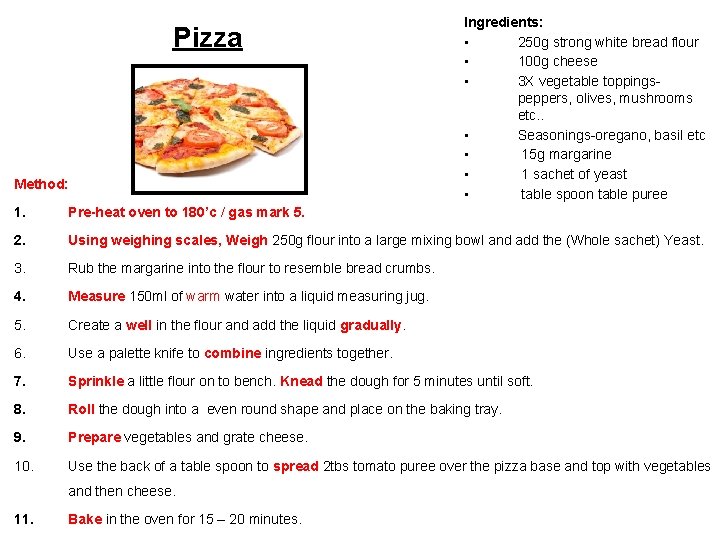 Pizza Method: Ingredients: • 250 g strong white bread flour • 100 g cheese