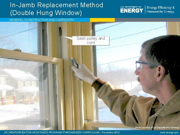 In-Jamb Replacement Method (Double Hung Window) GENERAL CONSTRUCTION AND CARPENTRY Sash pulley and cord