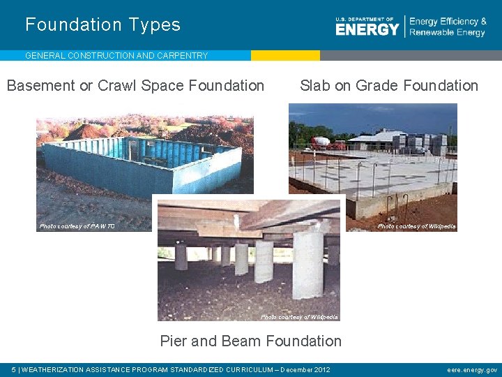 Foundation Types GENERAL CONSTRUCTION AND CARPENTRY Basement or Crawl Space Foundation Slab on Grade