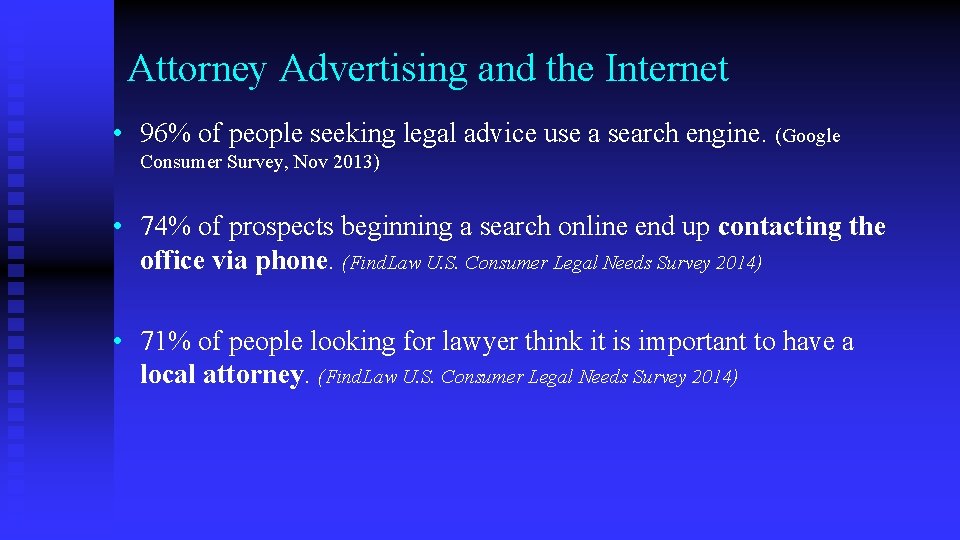 Attorney Advertising and the Internet • 96% of people seeking legal advice use a