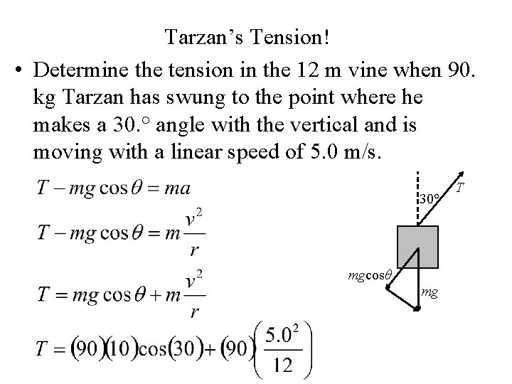 Tarzan’s Tension! • Determine the tension in the 12 m vine when 90. kg