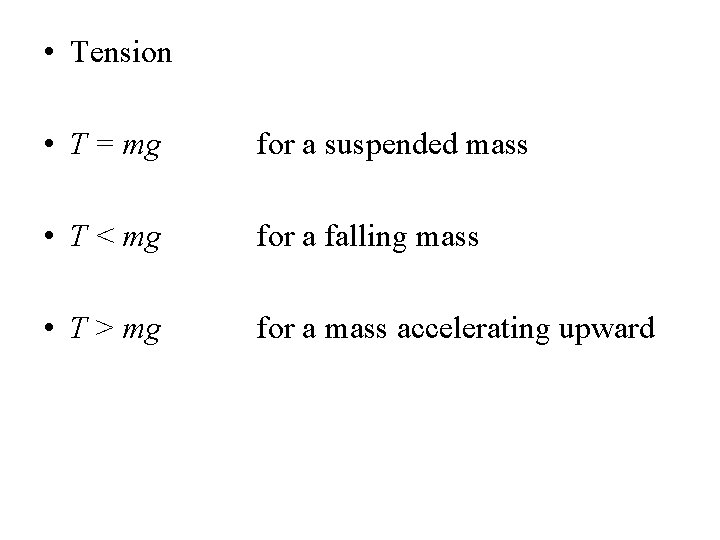  • Tension • T = mg for a suspended mass • T <