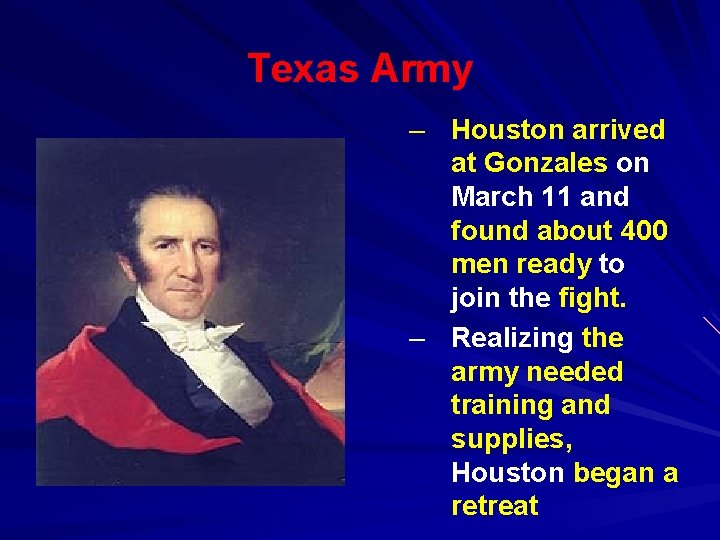 Texas Army – Houston arrived at Gonzales on March 11 and found about 400