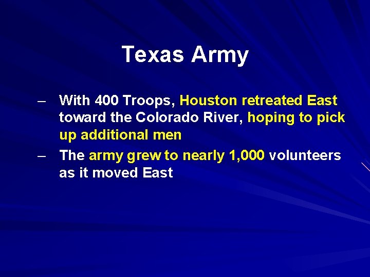 Texas Army – With 400 Troops, Houston retreated East toward the Colorado River, hoping