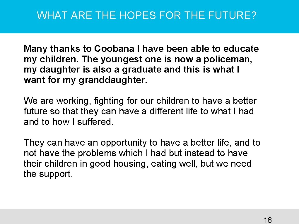 WHAT ARE THE HOPES FOR THE FUTURE? Many thanks to Coobana I have been