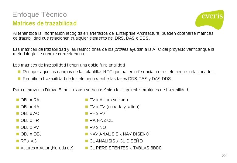 Enfoque Técnico Matrices de trazabilidad Al tener toda la información recogida en artefactos del Enfoque Técnico Matrices de trazabilidad Al tener toda la información recogida en artefactos del
